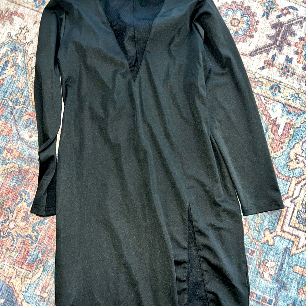 Black long sleeve mini dress with fishnet detail